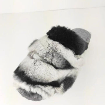 Black White Natural Rabbit Fur & Sheepskin Slippers